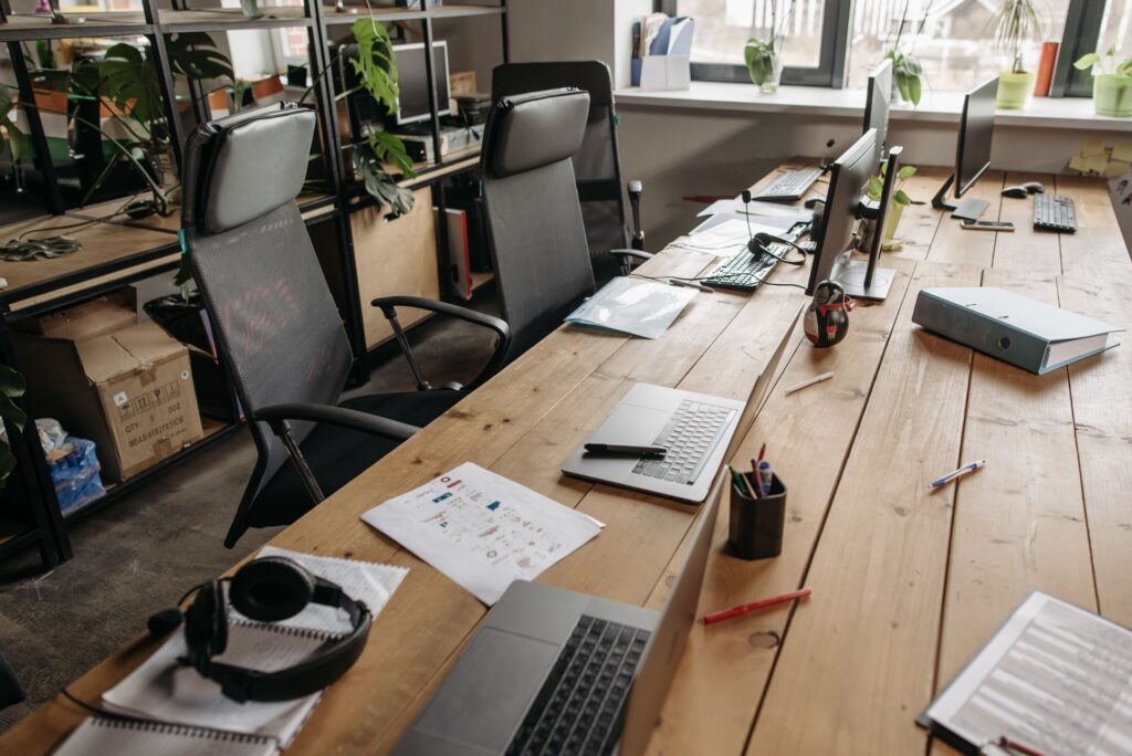 Office desks with computers ready for a move