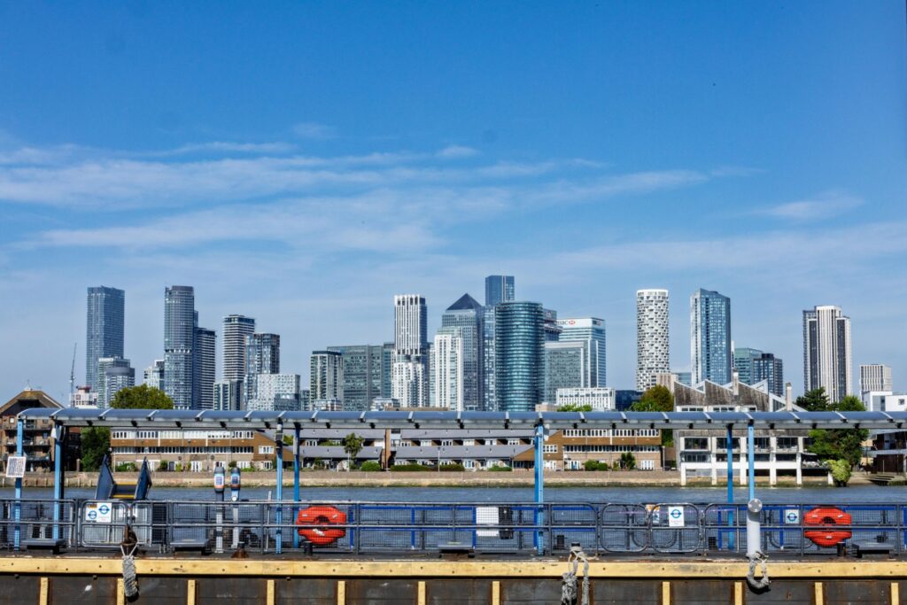 Canary Wharf skyline in east London on a clear day